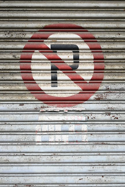 A circular no parking sign featuring a red border, a blue background, and a red diagonal line across the center is mounted on a metal pole, casting a shadow on a stone wall. The wall behind consists o